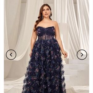 Elegant Navy Strapless Floral Gown